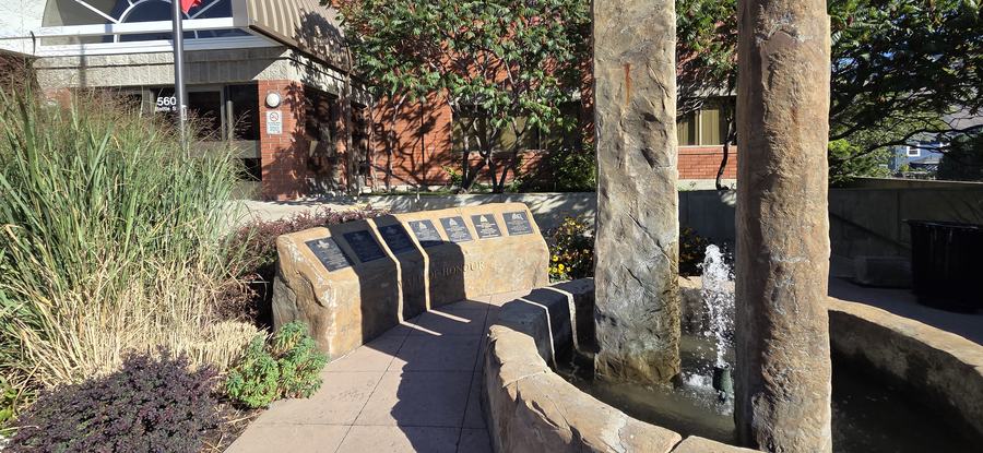 The Wall of Honour and fountain in the courtyard at the Kamloops RCMP detachment.